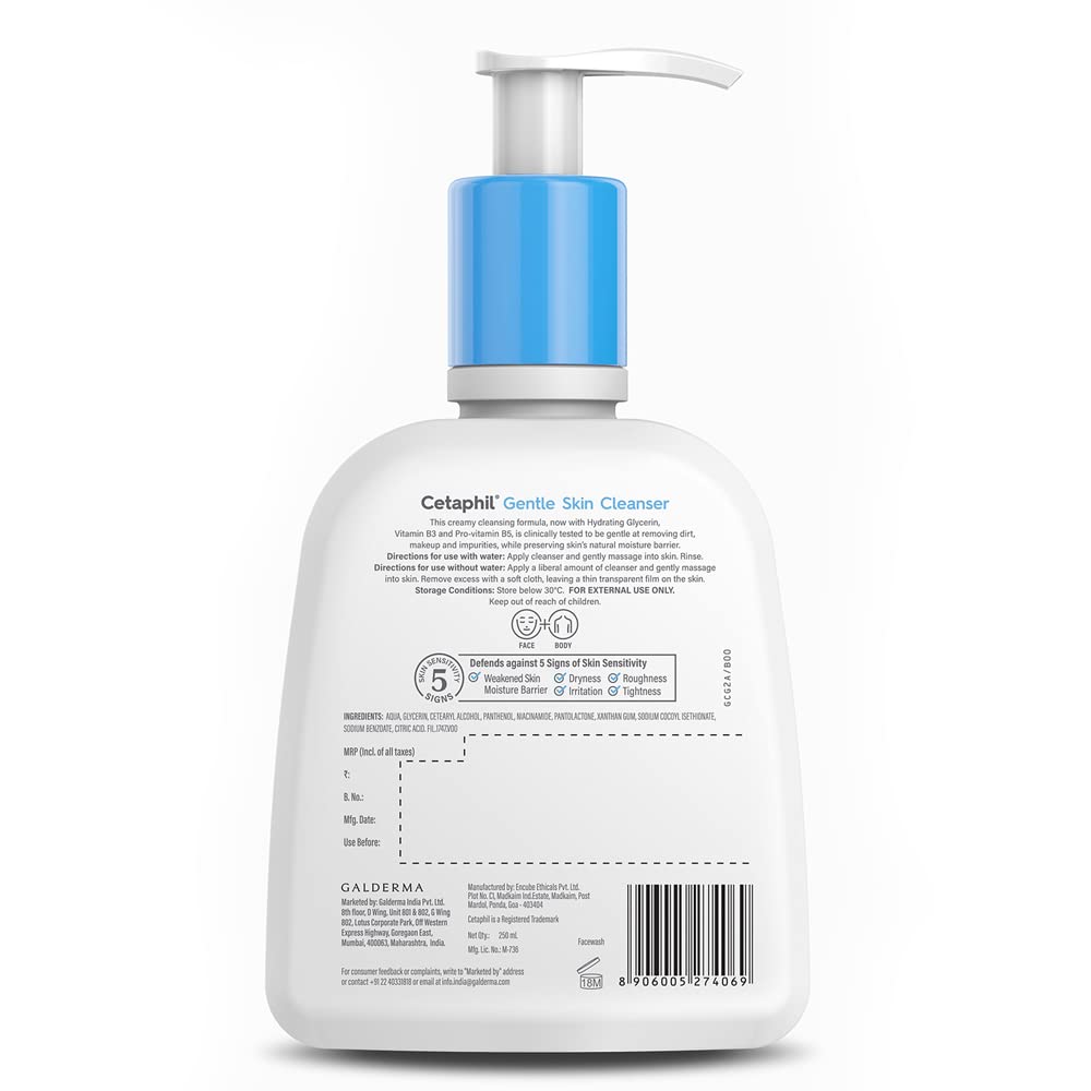 Cetaphil Gentle Skin Cleanser, 250ml | for Dry to Normal, Sensitive Skin, Hydrating Face Wash with Niacinamide,Vitamin B5| Dermatologist Recommended| Paraben, Sulphate Free
