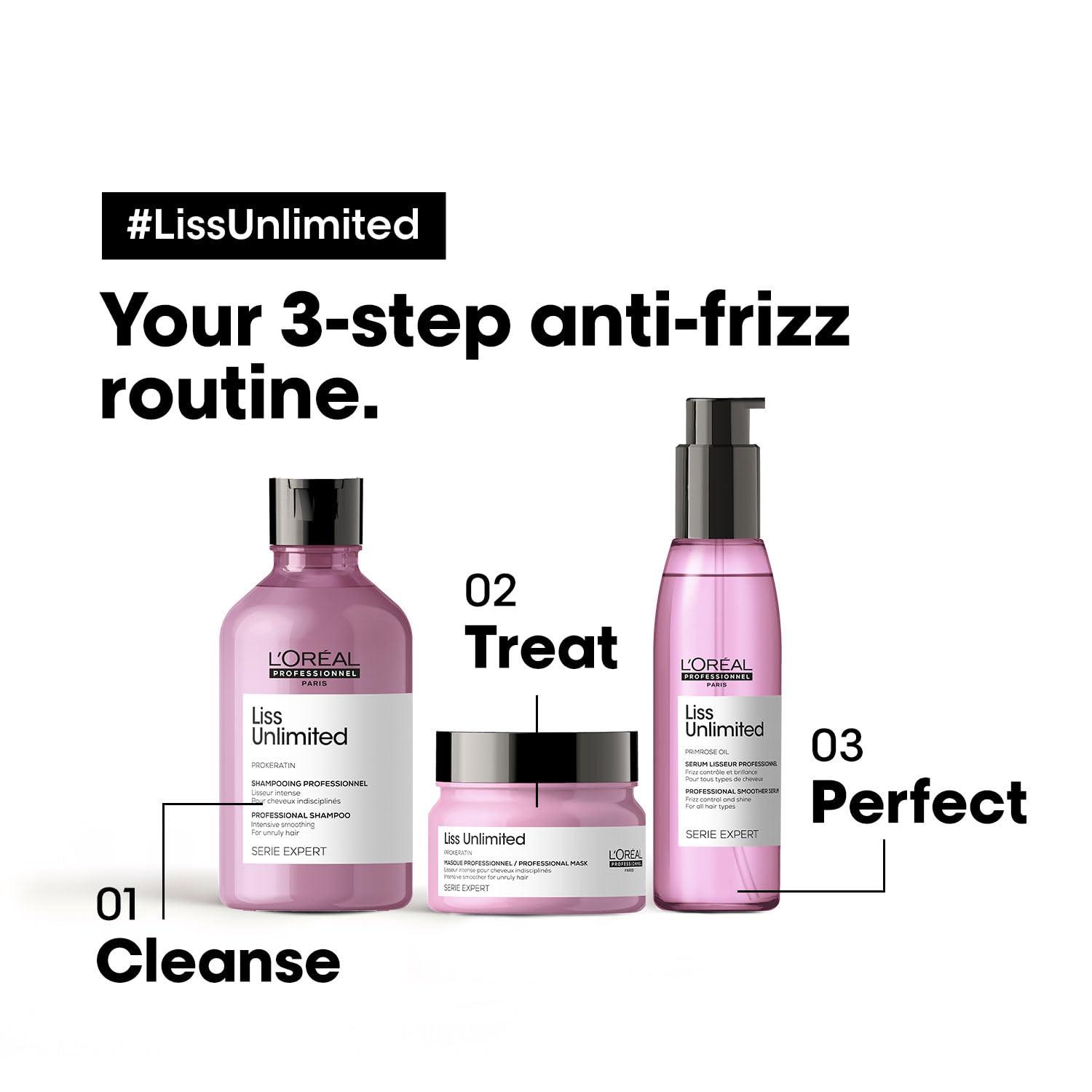 L'Oreal Liss Unlimited Shampoo 300ml, Hair Mask 250g & Hair Serum 125ml, Serie Expert, For Intense Smoothing and Frizz-Free Hair