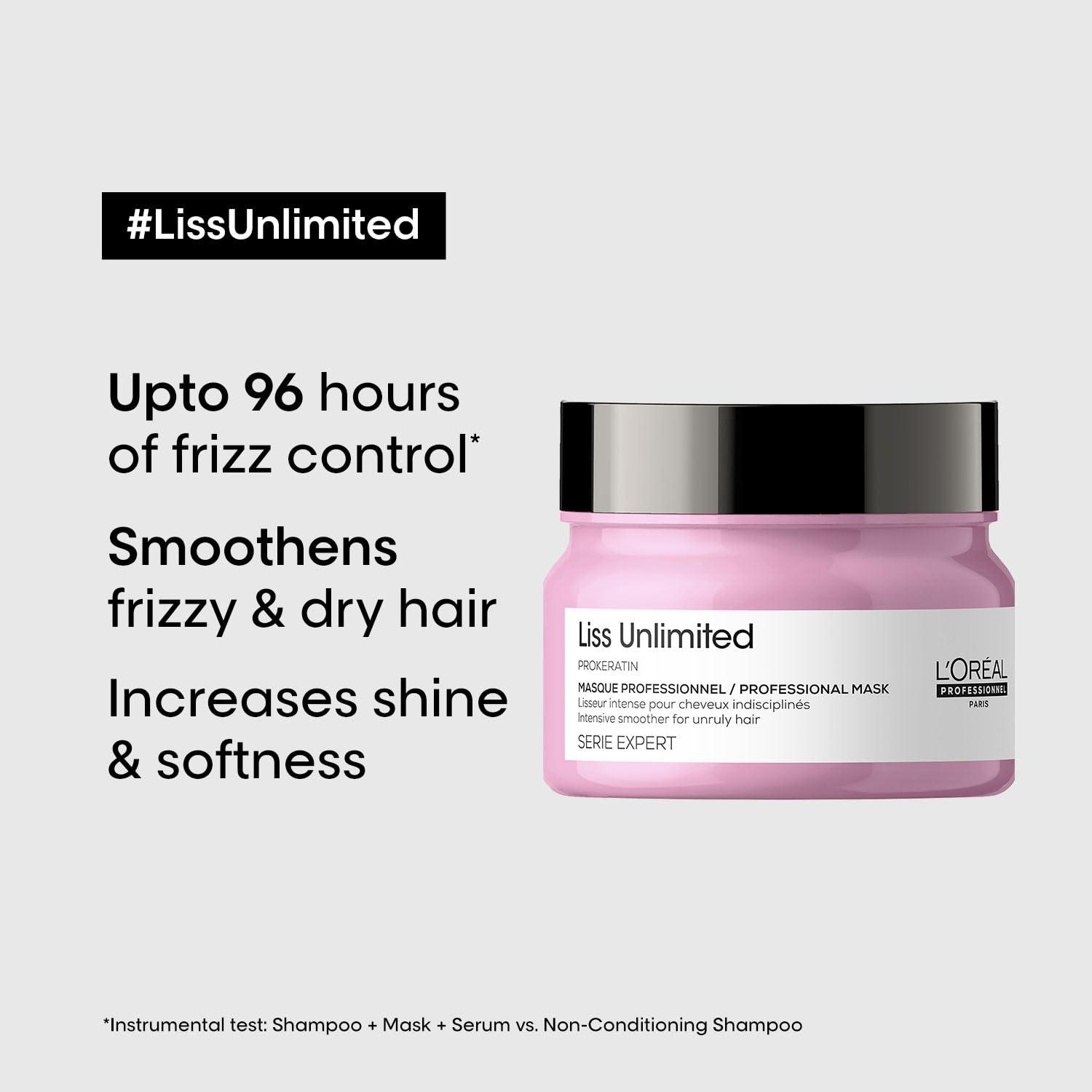 L'Oreal Liss Unlimited Shampoo 300ml, Hair Mask 250g & Hair Serum 125ml, Serie Expert, For Intense Smoothing and Frizz-Free Hair