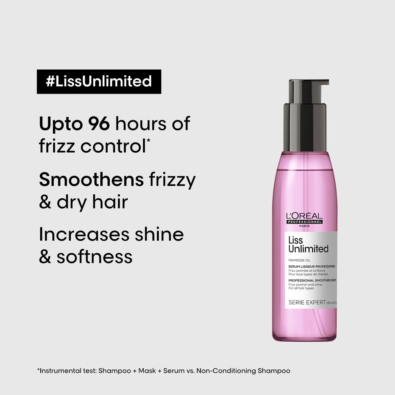 L'Oreal Liss Unlimited Shampoo 300ml, Hair Mask 250g & Hair Serum 125ml, Serie Expert, For Intense Smoothing and Frizz-Free Hair